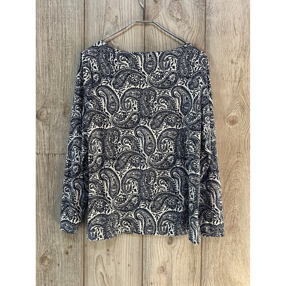 Talbots Woman 1X Navy Blue White Paisley Boat Neck Long Sleeve Top Pullover - Picture 4 of 5